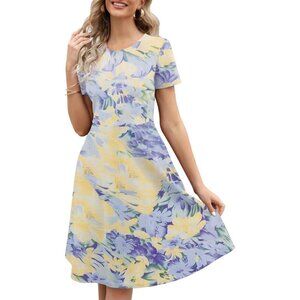 Women's Yellow Blue Elegant Knee Length Vintage A-Line Swing Dress with Pocket